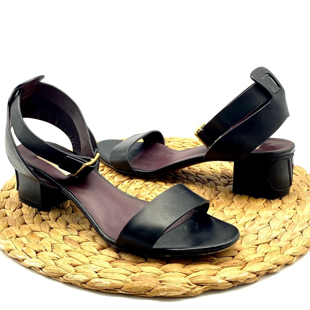 VALENTINO GARAVANI BLACK LEATHER LOGO LOW BLOCK HEEL ANKLE SANDALS 10 LADY 40.5